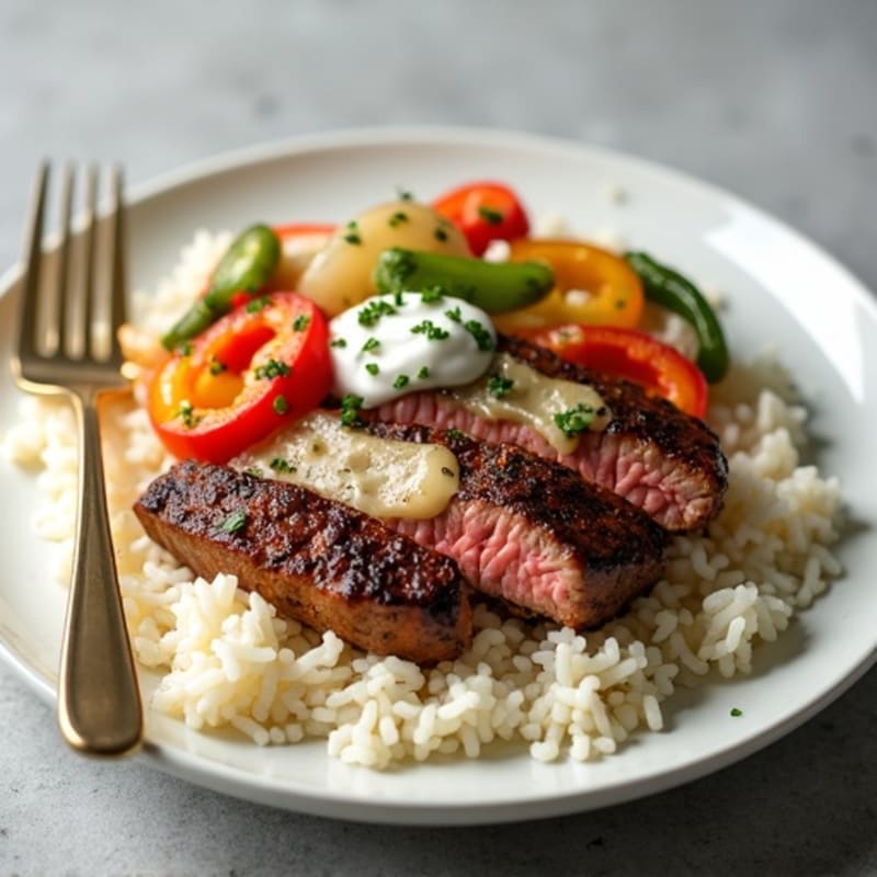 Seared Steak with Sautéed Peppers and Onions and Savory Garlic Sauce over Fluffy White Rice