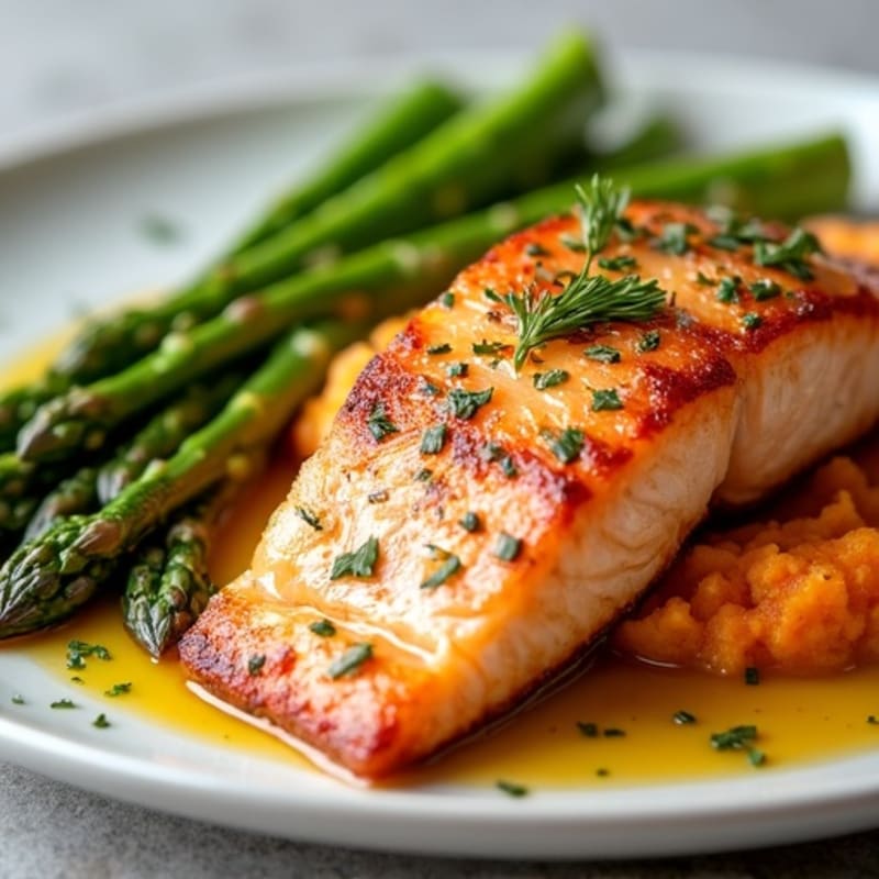 Seared Salmon with Roasted Asparagus and Sweet Potato Mash