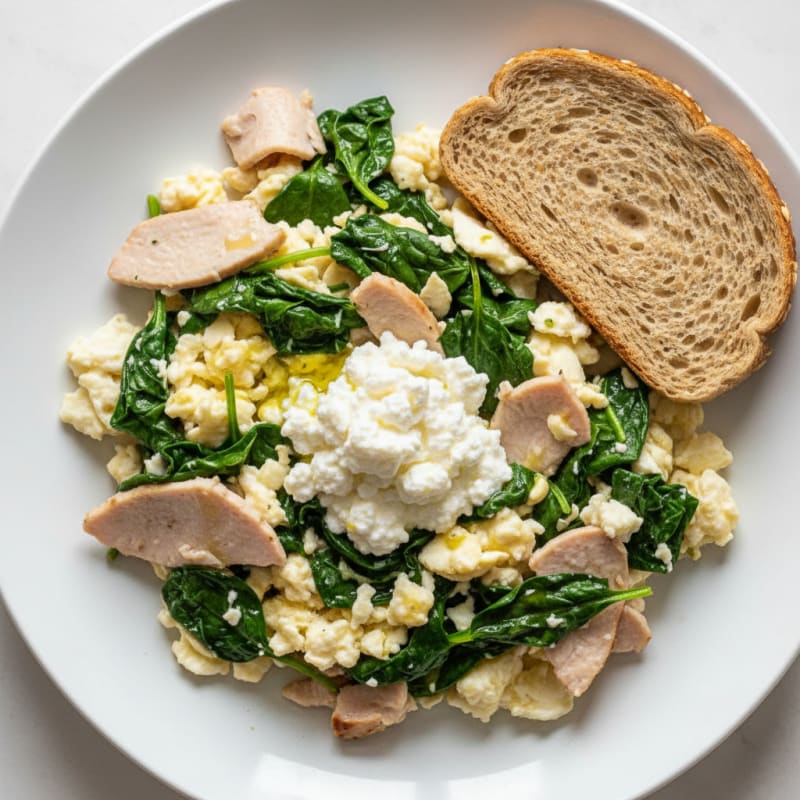 Egg White and Spinach Scramble with Cottage Cheese and Sliced Turkey