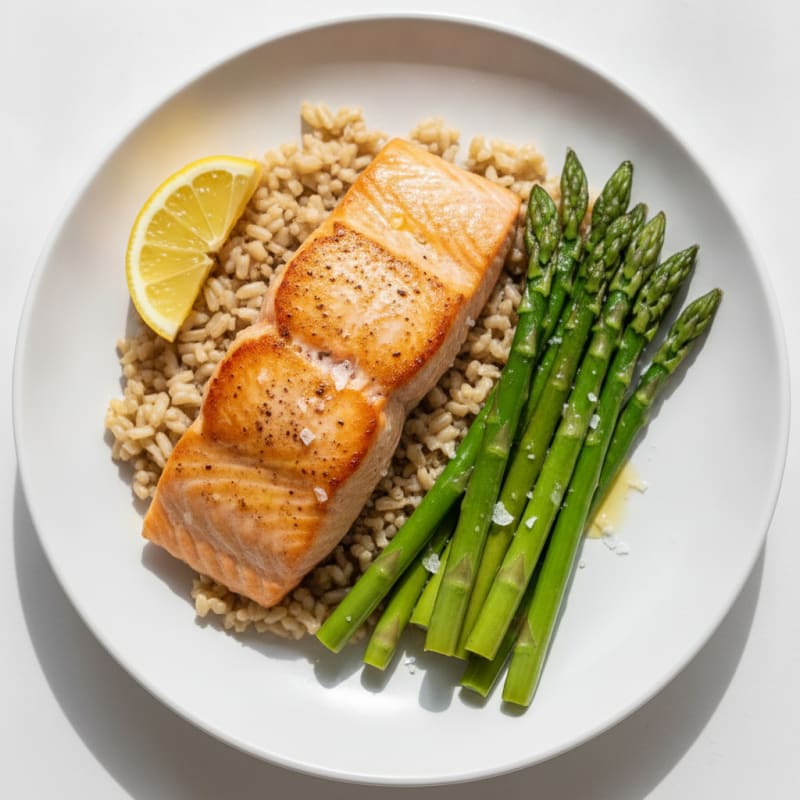 Seared Salmon with Steamed Asparagus and Brown Rice