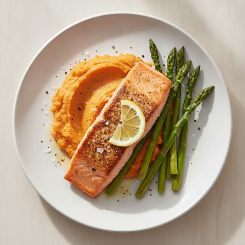 Seared Salmon with Roasted Asparagus and Sweet Potato Mash