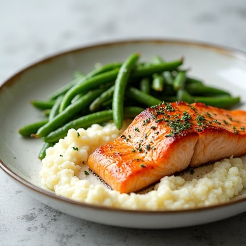 Seared Salmon with Garlic Green Beans and Cauliflower Mash