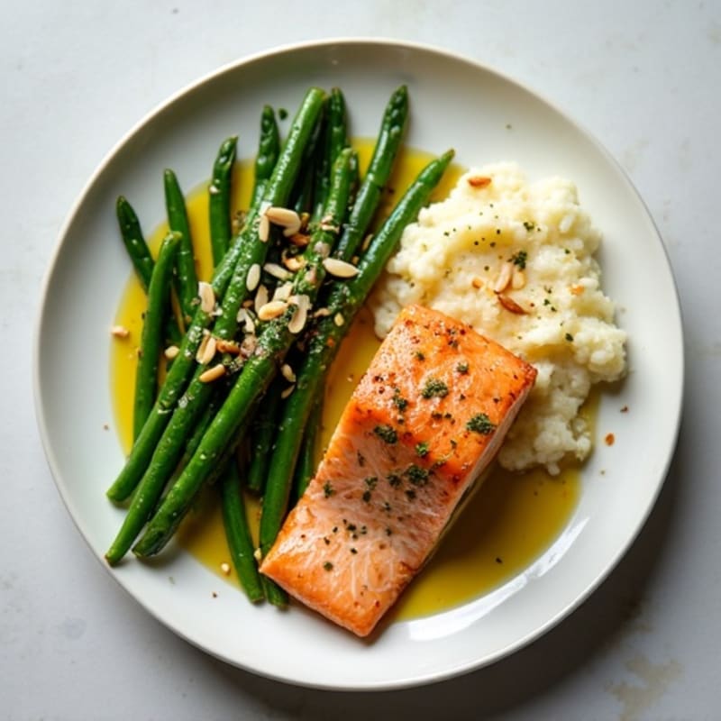 Seared Salmon with Garlic Green Beans and Cauliflower Mash