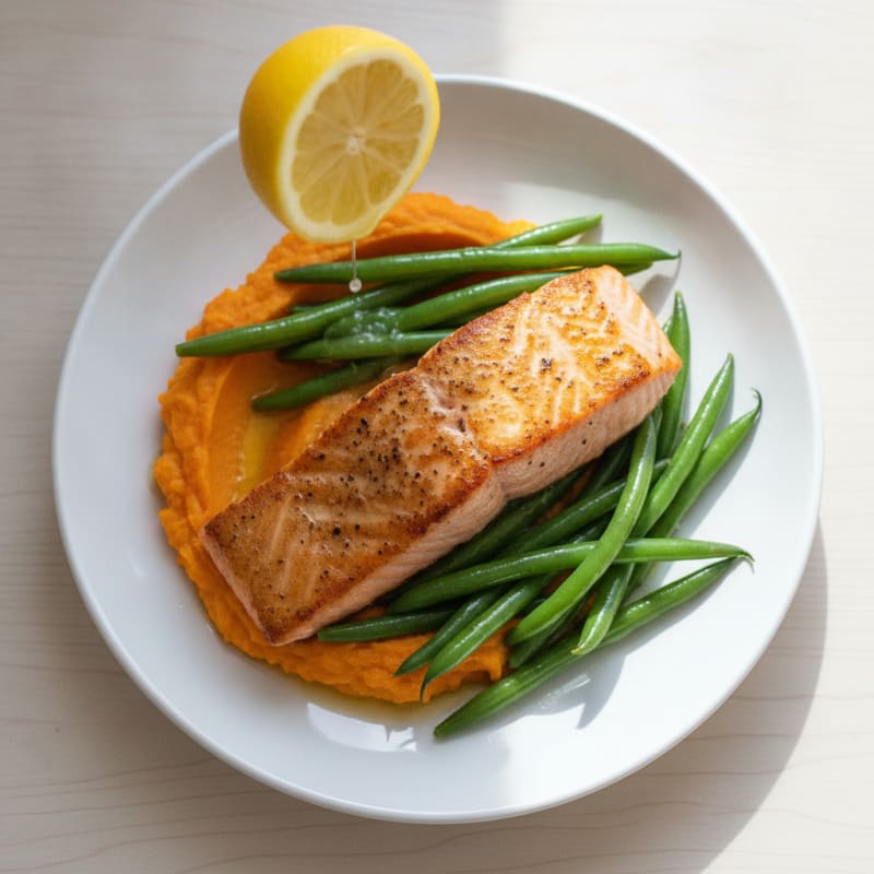Seared Salmon Fillet with Steamed Green Beans and Sweet Potato Mash