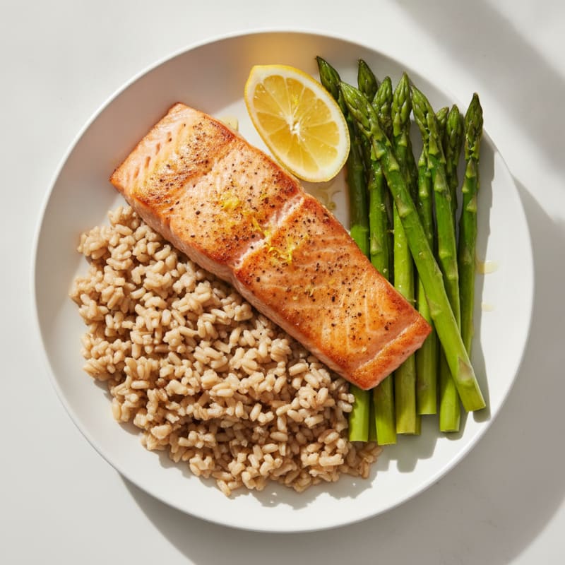 Seared Salmon with Steamed Asparagus and Brown Rice