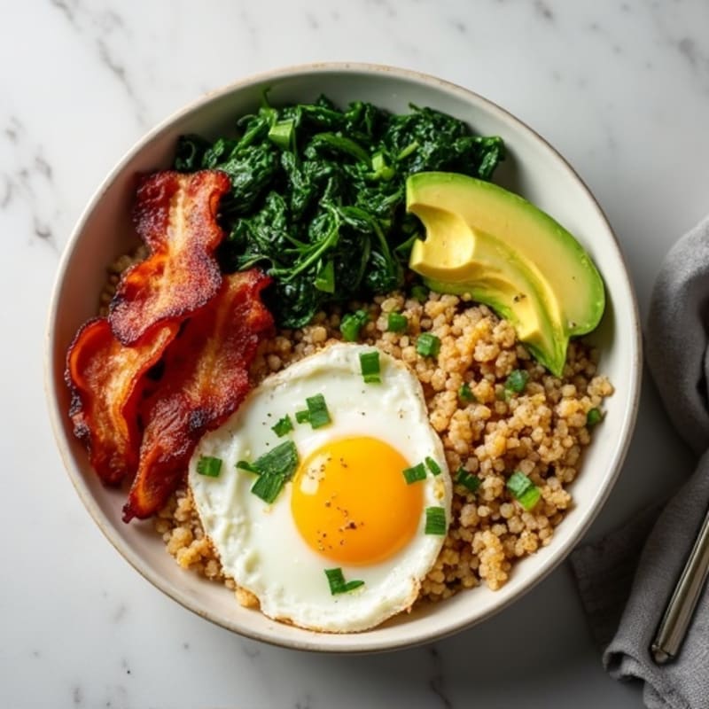 Crispy Turkey Bacon and Egg White Scramble with Sautéed Spinach and Quinoa