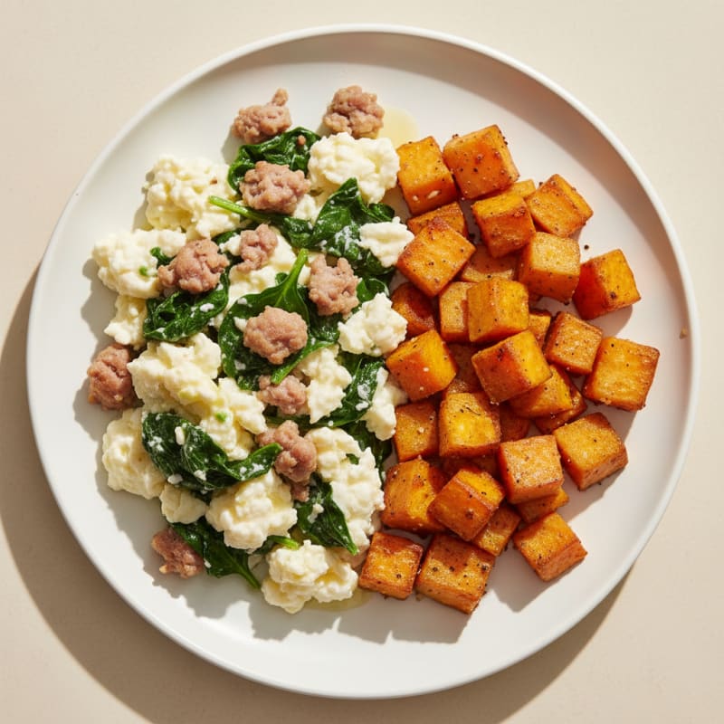 Egg White and Turkey Sausage Scramble with Spinach and Roasted Sweet Potatoes