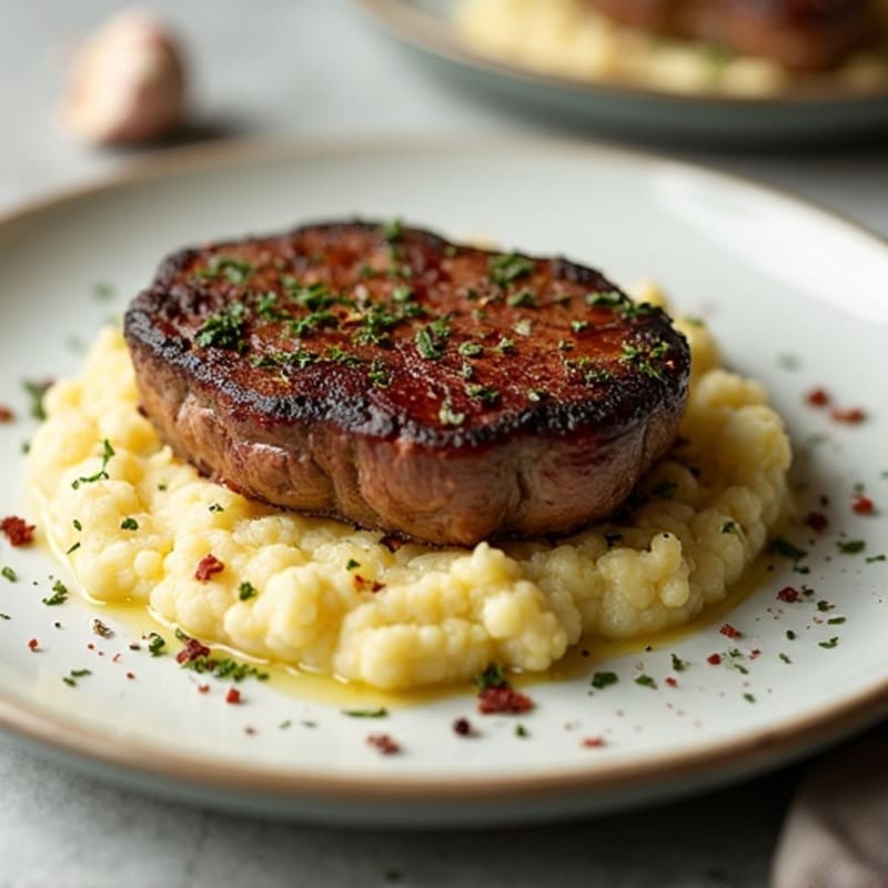 Herb-Crusted Skillet Beef with Roasted Garlic Cauliflower Mash