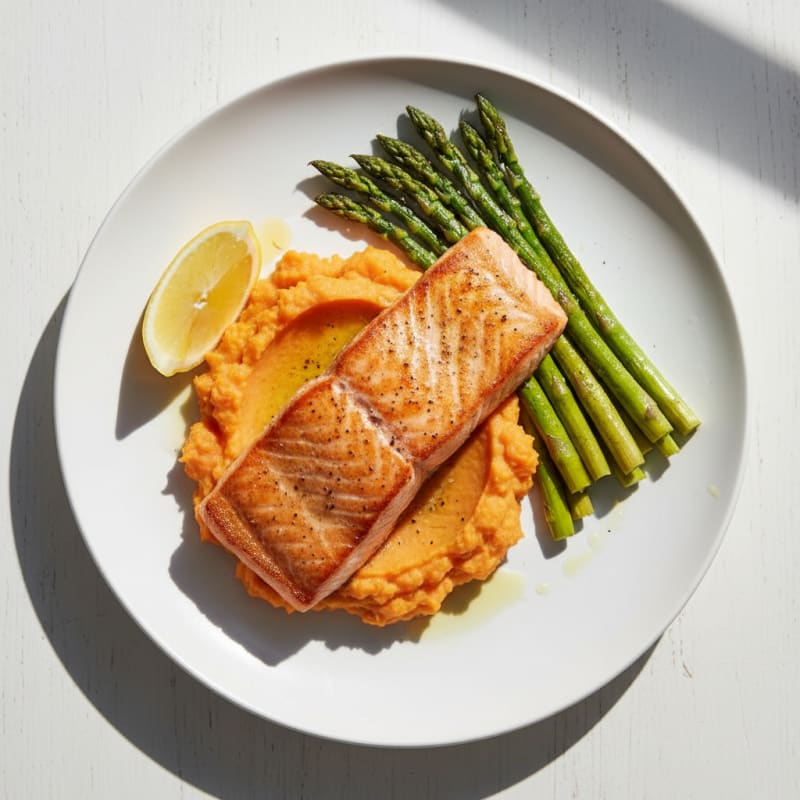 Seared Salmon Fillet with Roasted Asparagus and Sweet Potato Mash