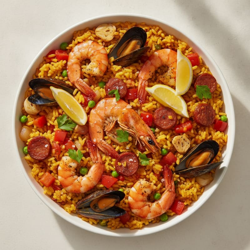 Saffron Seafood Paella with Chorizo