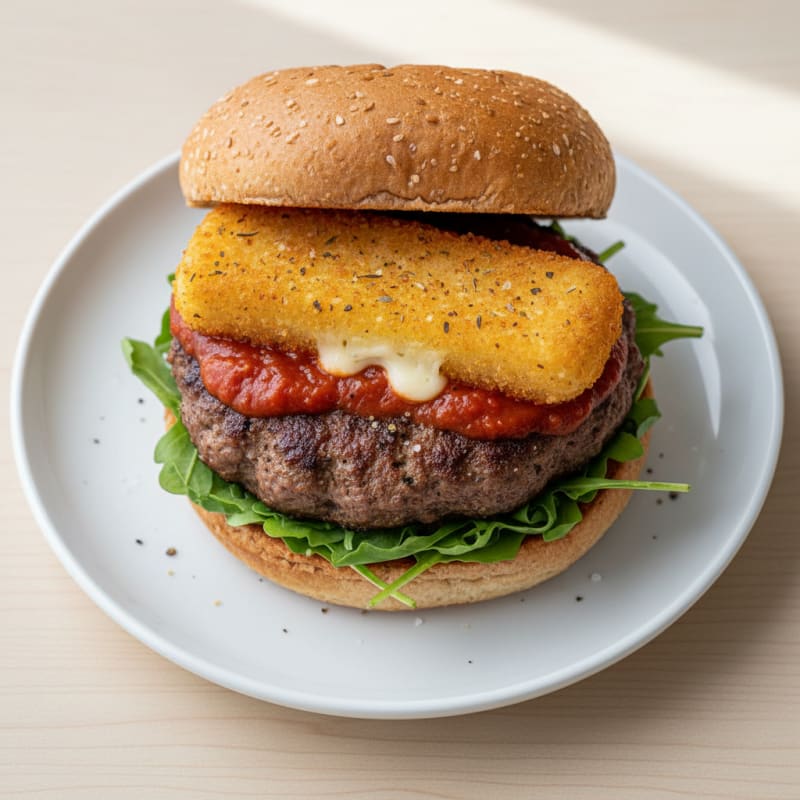 Mozzarella Stick Beef Burger with Marinara
