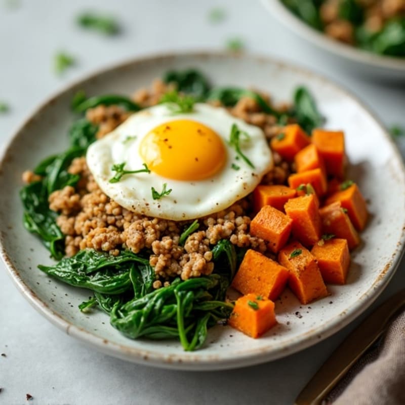 Egg White and Turkey Spinach Scramble with Roasted Sweet Potato