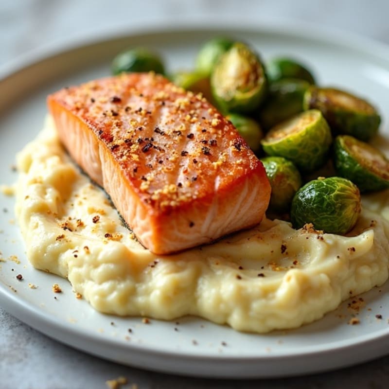 Seared Salmon Fillet with Roasted Brussels Sprouts and Cauliflower Mash