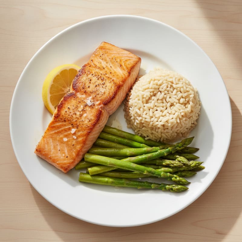 Seared Salmon with Steamed Asparagus and Brown Rice
