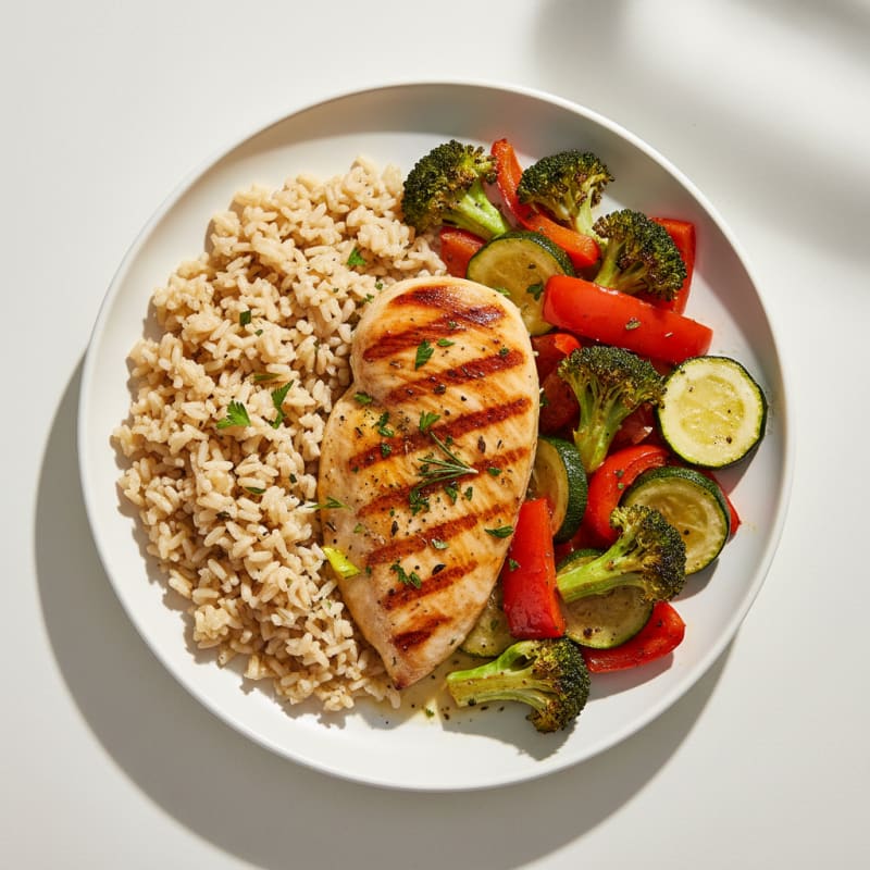 Grilled Chicken Breast with Brown Rice and Roasted Mixed Vegetables