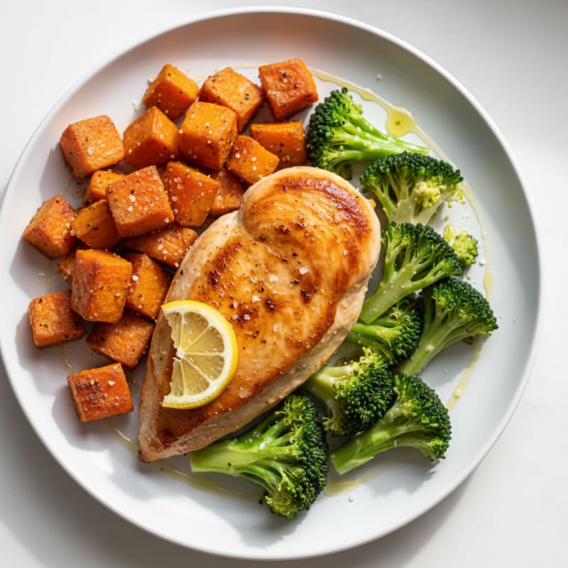 Seared Chicken Breast with Roasted Sweet Potatoes and Steamed Broccoli