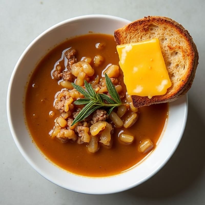 Silky Caramelized Onion and Beef Broth Soup with Crispy Cheesy Whole Grain Toast
