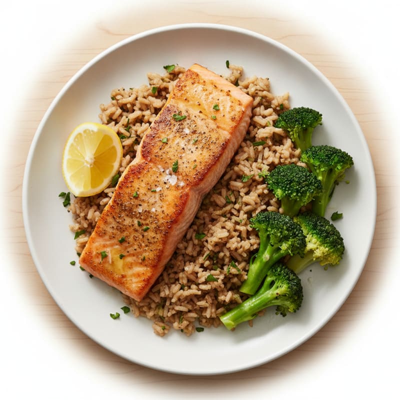 Seared Salmon Fillet with Steamed Broccoli and Herb Rice