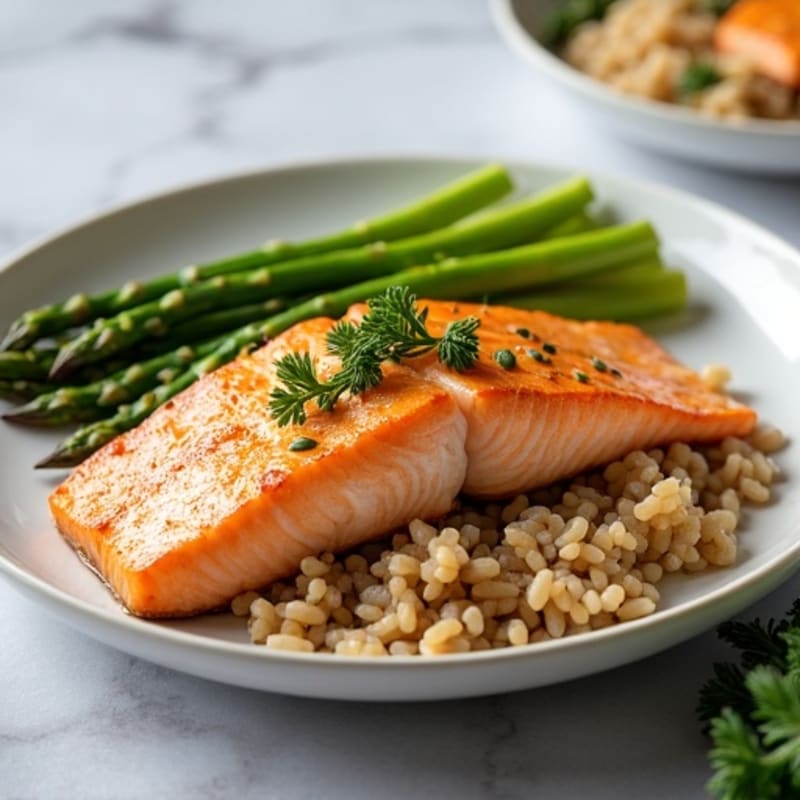 Seared Salmon with Steamed Asparagus and Brown Rice