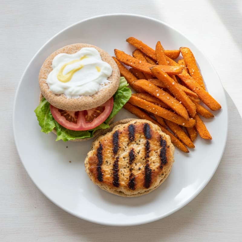 Grilled Chicken Burger with Sweet Potato Fries