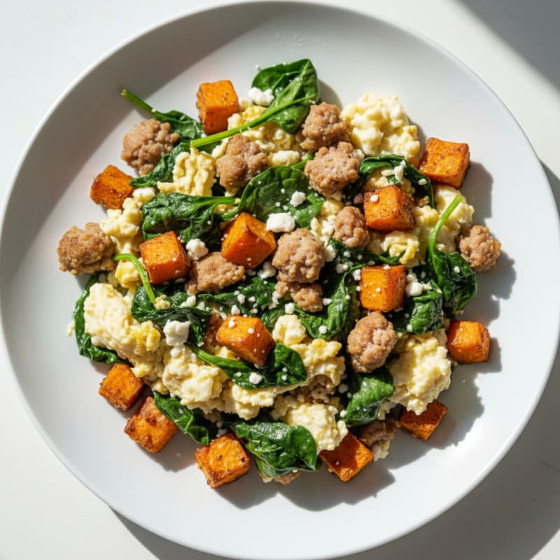 Egg White and Turkey Sausage Scramble with Spinach and Sweet Potato