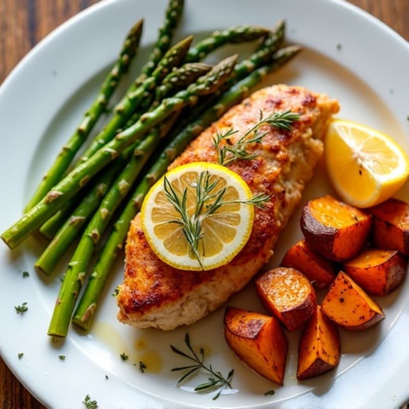 Crispy Lemon-Herb Chicken with Roasted Asparagus and Sweet Potatoes