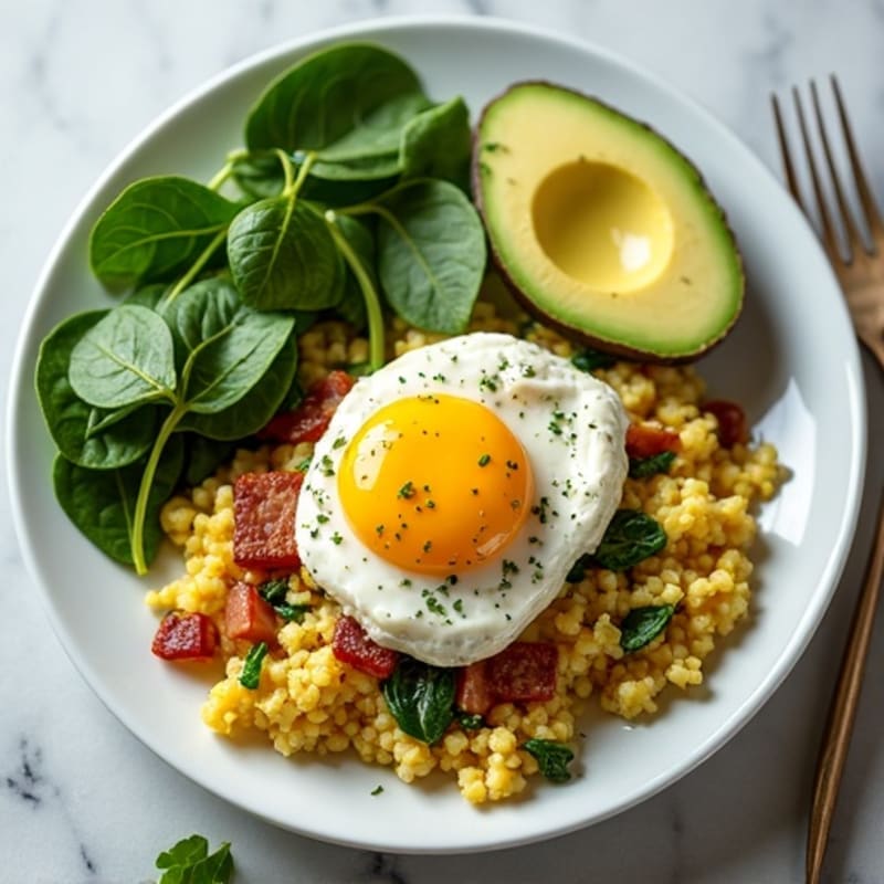 Egg White and Spinach Scramble with Cottage Cheese and Turkey Bacon