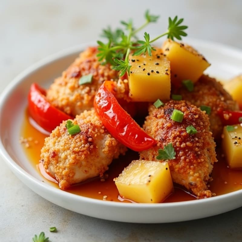 Crispy Baked Sweet and Sour Chicken with Roasted Bell Peppers and Pineapple