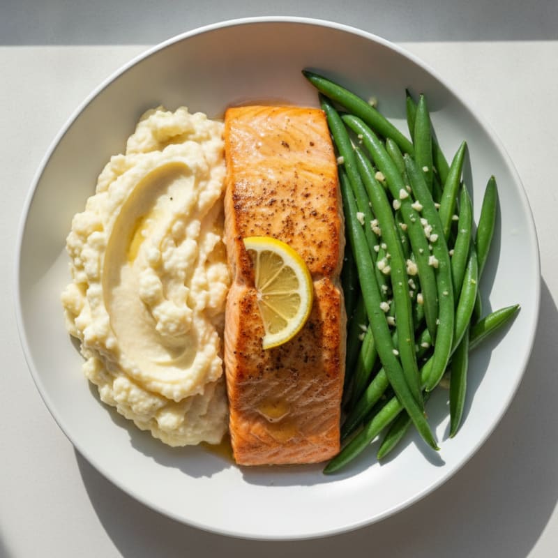 Seared Salmon with Steamed Green Beans and Garlic Mashed Cauliflower