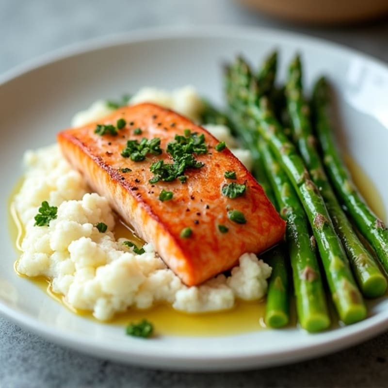 Seared Salmon with Steamed Asparagus and Garlic Cauliflower Mash