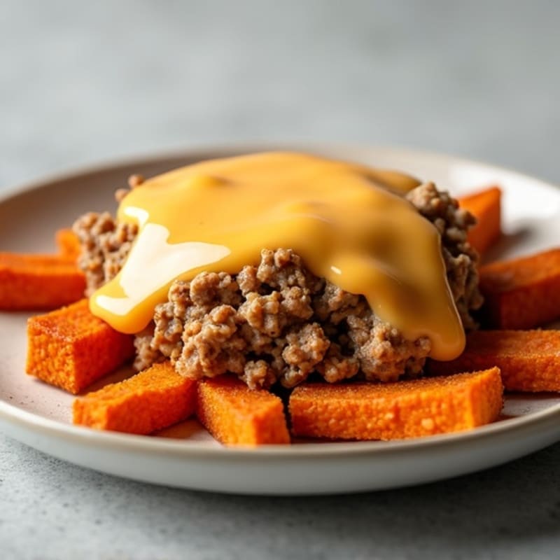 Crispy Roasted Sweet Potato Fries with Lean Ground Turkey and Savory Cheesy Gravy
