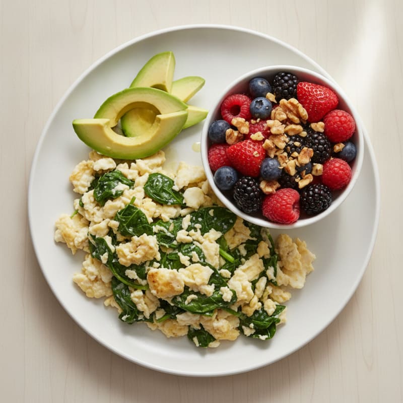 Egg White Spinach Scramble with Fresh Berries