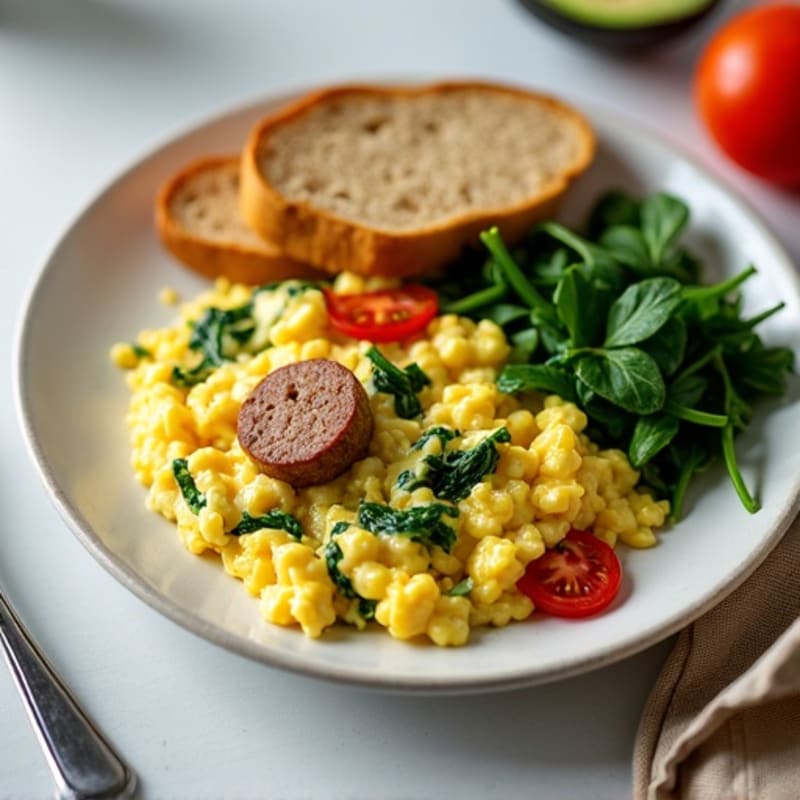 Egg White Scramble with Turkey Sausage and Sautéed Spinach