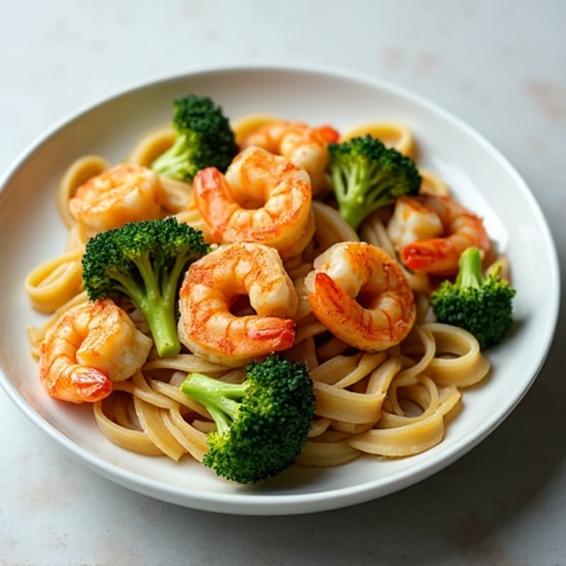 Pan-Seared Garlic Shrimp with Roasted Broccoli and Whole Wheat Pasta
