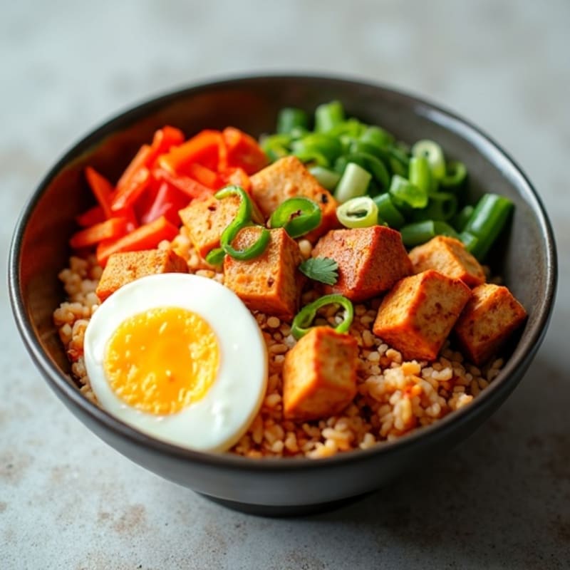 High-Protein Kimchi Fried Rice with Crispy Tofu and Fresh Vegetables