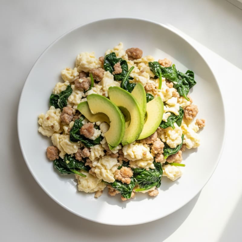 Egg White and Turkey Sausage Scramble with Sautéed Spinach
