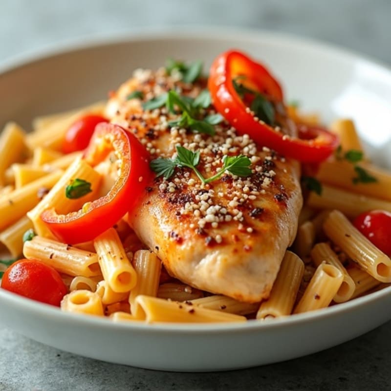 Spicy Paprika Chicken with Creamy Whole Wheat Pasta and Sautéed Bell Peppers