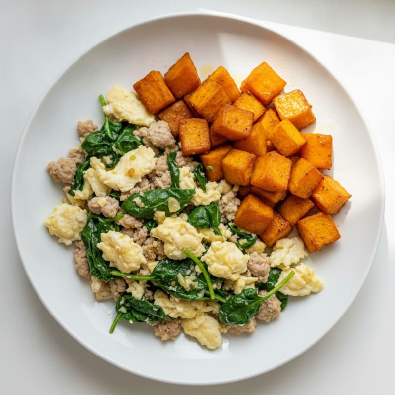 Egg White and Turkey Spinach Scramble with Roasted Sweet Potato