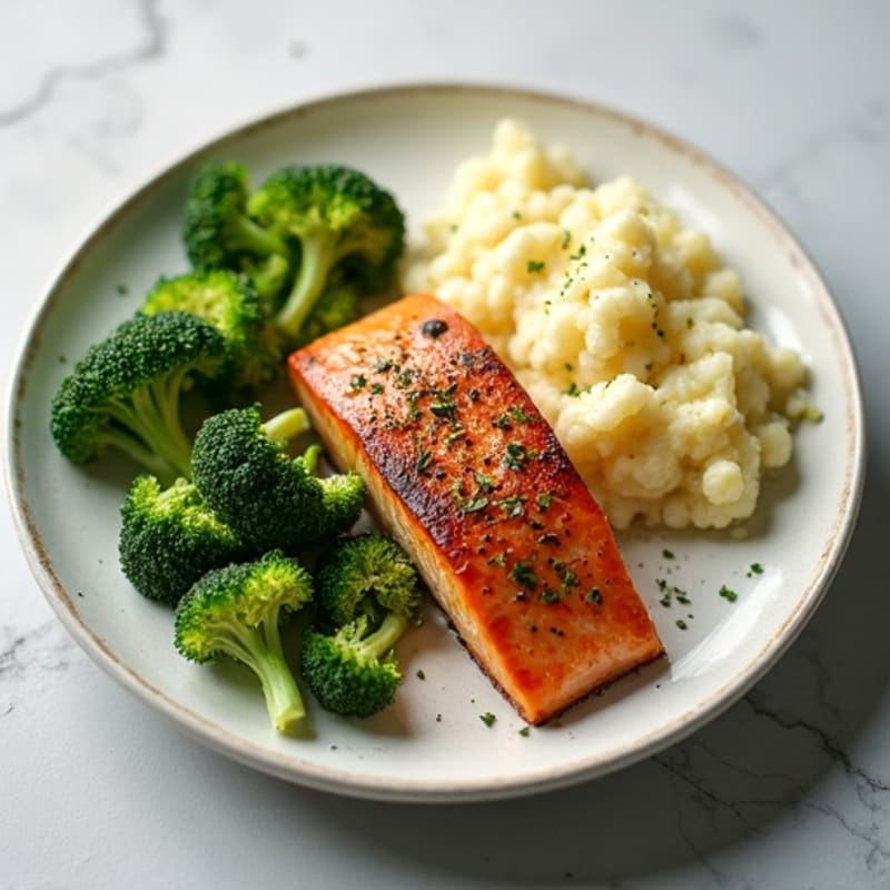 Seared Salmon with Steamed Broccoli and Garlic Mashed Cauliflower