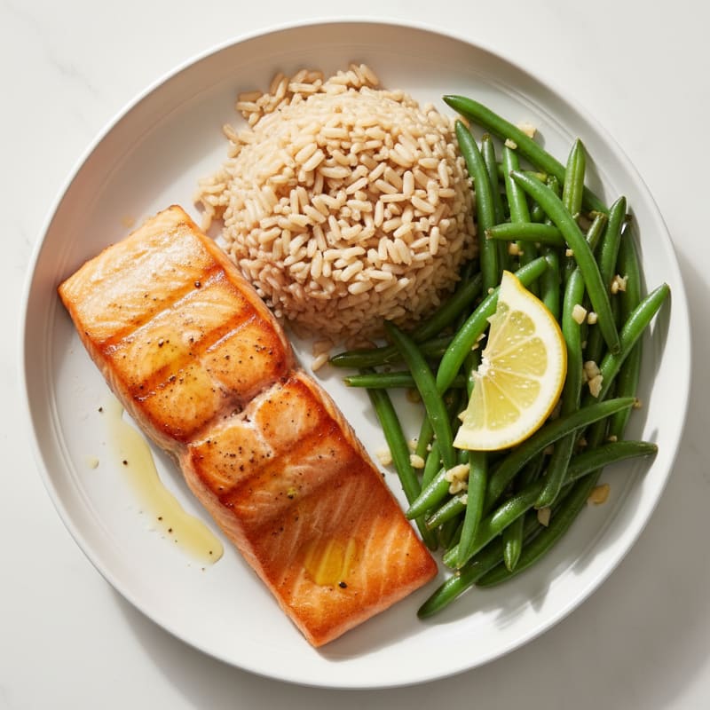 Seared Salmon with Garlic Green Beans and Brown Rice