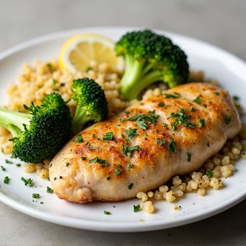 Lemon-Herb Roasted Chicken with Crispy Roasted Broccoli and Fluffy Quinoa