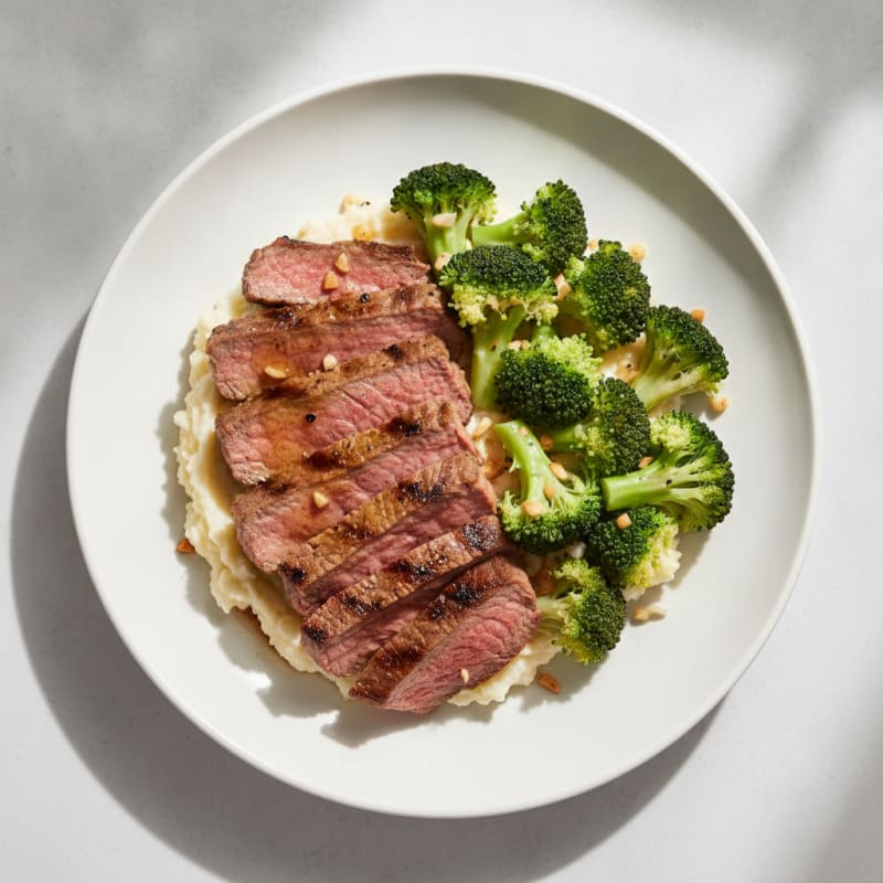 Seared Lean Beef Strips with Steamed Broccoli and Cauliflower Mash