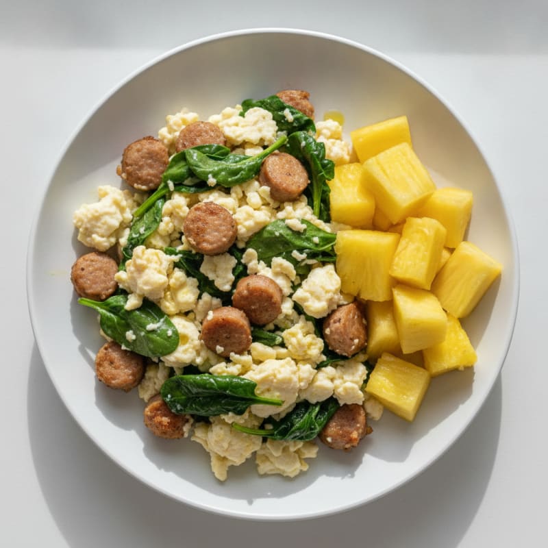 Egg White and Spinach Scramble with Turkey Sausage and Fresh Pineapple