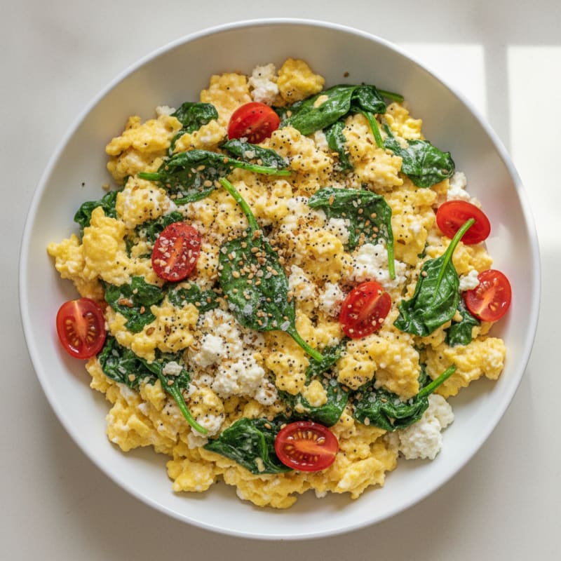 Creamy Scrambled Eggs with Cottage Cheese and Sautéed Spinach