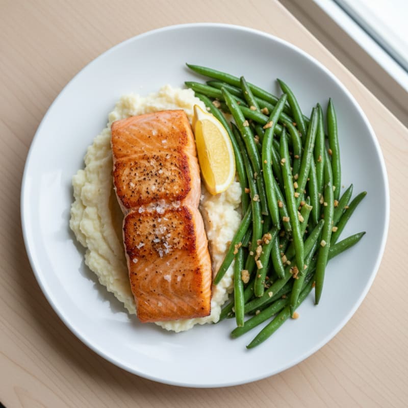 Pan Seared Salmon with Garlic Green Beans and Cauliflower Mash