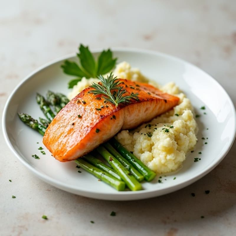 Seared Salmon Fillet with Steamed Asparagus and Cauliflower Mash