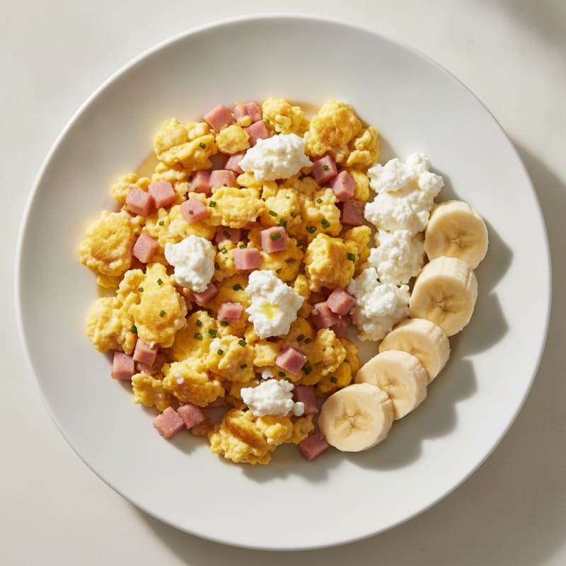 Egg and Ham Scramble with Cottage Cheese and Sliced Banana