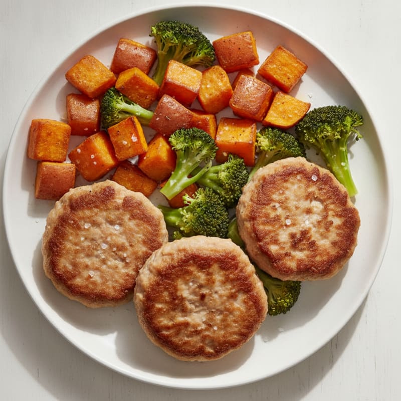 Seared Turkey Patties with Roasted Sweet Potatoes and Steamed Broccoli