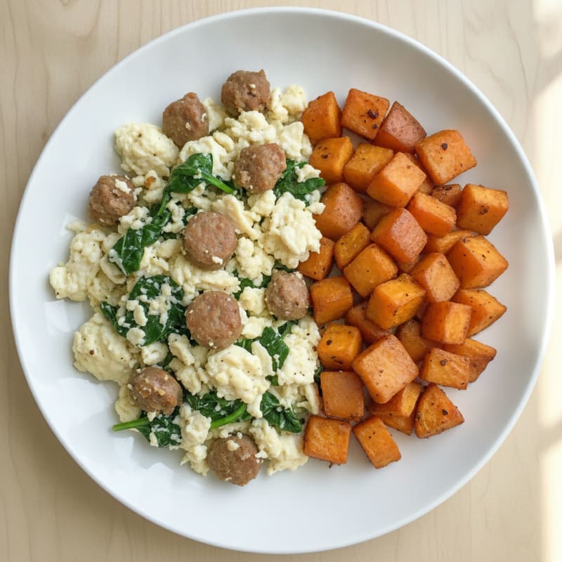 Egg White and Turkey Sausage Scramble with Spinach and Roasted Sweet Potatoes