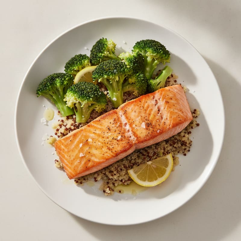 Seared Salmon with Steamed Broccoli and Quinoa